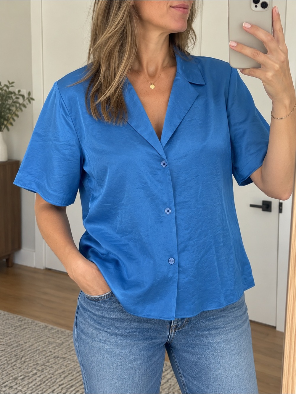 Wilfred Cornflower Blue Button-Up Shirt M | Lightweight Polyester Blouse